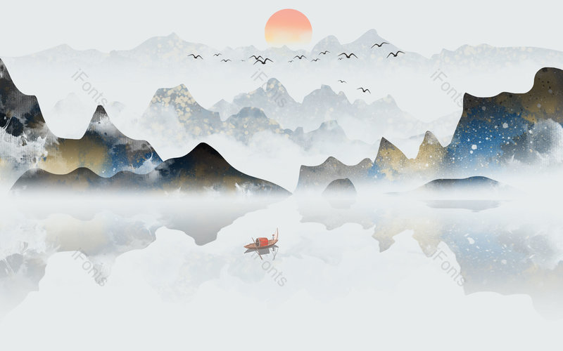 中国风夕阳手绘风景山水插画背景设计,插画/手绘图,插画/手绘图库,插画/手绘图下载,插画/手绘